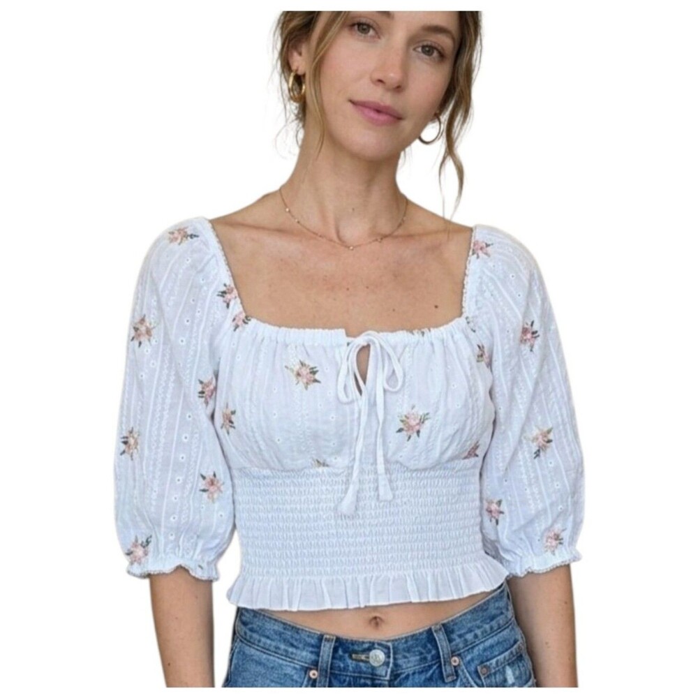 White Floral Smocked Top Puff Sleeve Embroidered Cotton Cottage Blouse Size S